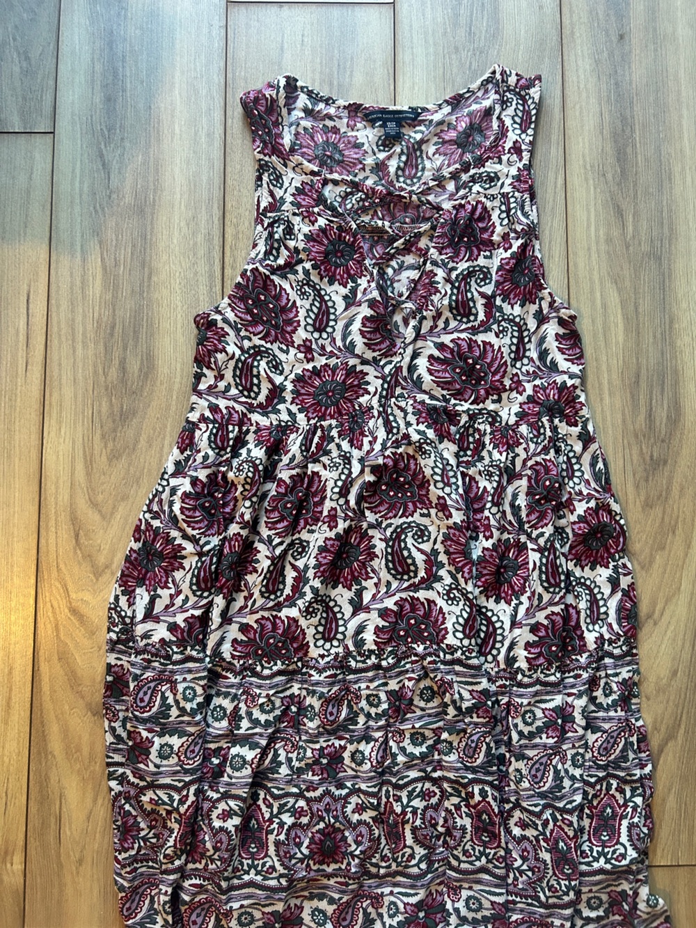 American Eagle Outfitters Cream Dress with Burgundy & Green Paisley Floral